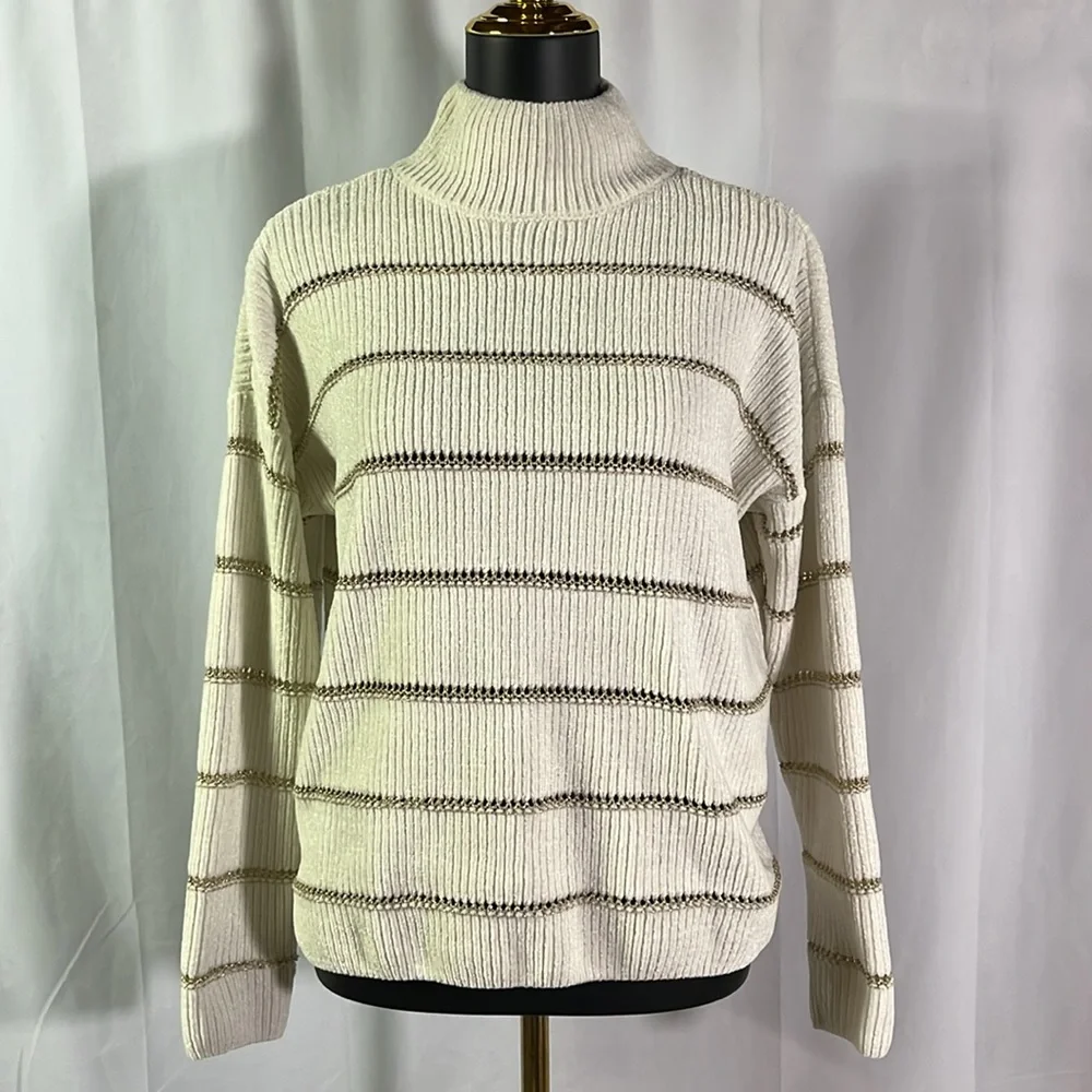 Rachel Zoe Ivory & Gold Striped Long Sleeve Mock Neck Chenille Sweater